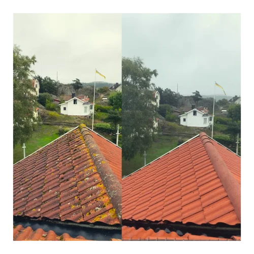 före och efterbild på taktvätt takrengöring